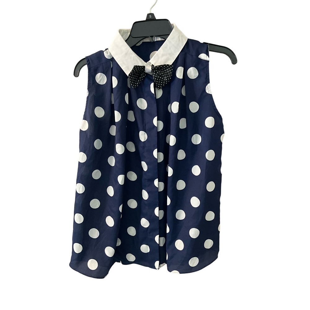 Freeway Top Women's Large Blue Polka Dot 100% Polyester Bow Front Sleeveless80
